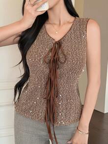 DAZY Women's Casual Sequin Tie-Up Regular Jacket, Spring/Summer - Khaki - View 5