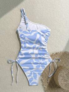 Vivid Eden Traje de baño de una pieza con estampado todo sobre con cordón lateral para mujer, ideal para vacaciones y playa - Celeste - Ver 2