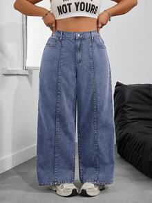 SHEIN PETITE CURVE 大码休闲纽扣口袋宽松牛仔裤 - 深色水洗藍 - 查看 4