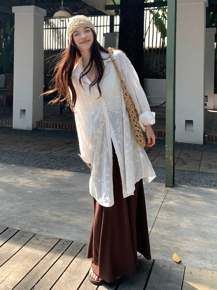 Women's Solid Color Front Button White Long Sleeve Top And Brown Pleated Skirt Elegant 2-Piece Set