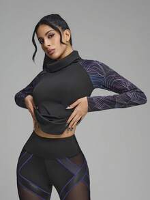 Innovista Graphic Print Raglan Sleeve High Neck Shapewear Activewear Top - Black - View 4