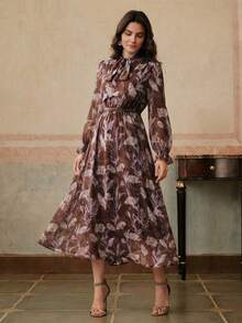 Anewsta Elegant Vintage Fashion Elegant Vintage Ruffled Waist Elastic Waist High Tolerance French Purple Laser Cut Digital Print Dress For Women - Rust Brown - View 4