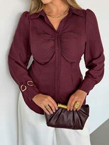 Auralis Burgundy Ruched Front Button Long Sleeve Shirt,Elegant Women's Blouse For Dinner,Autumn Office Lady Business Casual Tops,Plus Size Dark Red Blouse - Burgundy - View 6