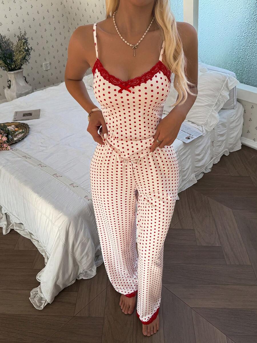 SHEIN Women's Romantic Polka Dot Lace Trim Sleepwear Set - Red - View 1