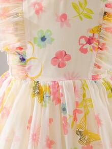 Glamorique Kids 女童优雅碎花荷叶边无袖连衣裙，公主裙，适合花童、派对、旅行、演出，四季皆宜 - 杏色 - 查看 6