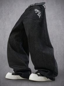 Manfinity Denimwave Men's Floral Embroidery Pattern Casual Versatile Daily Wear Denim Wide Leg Pants - Black - View 1