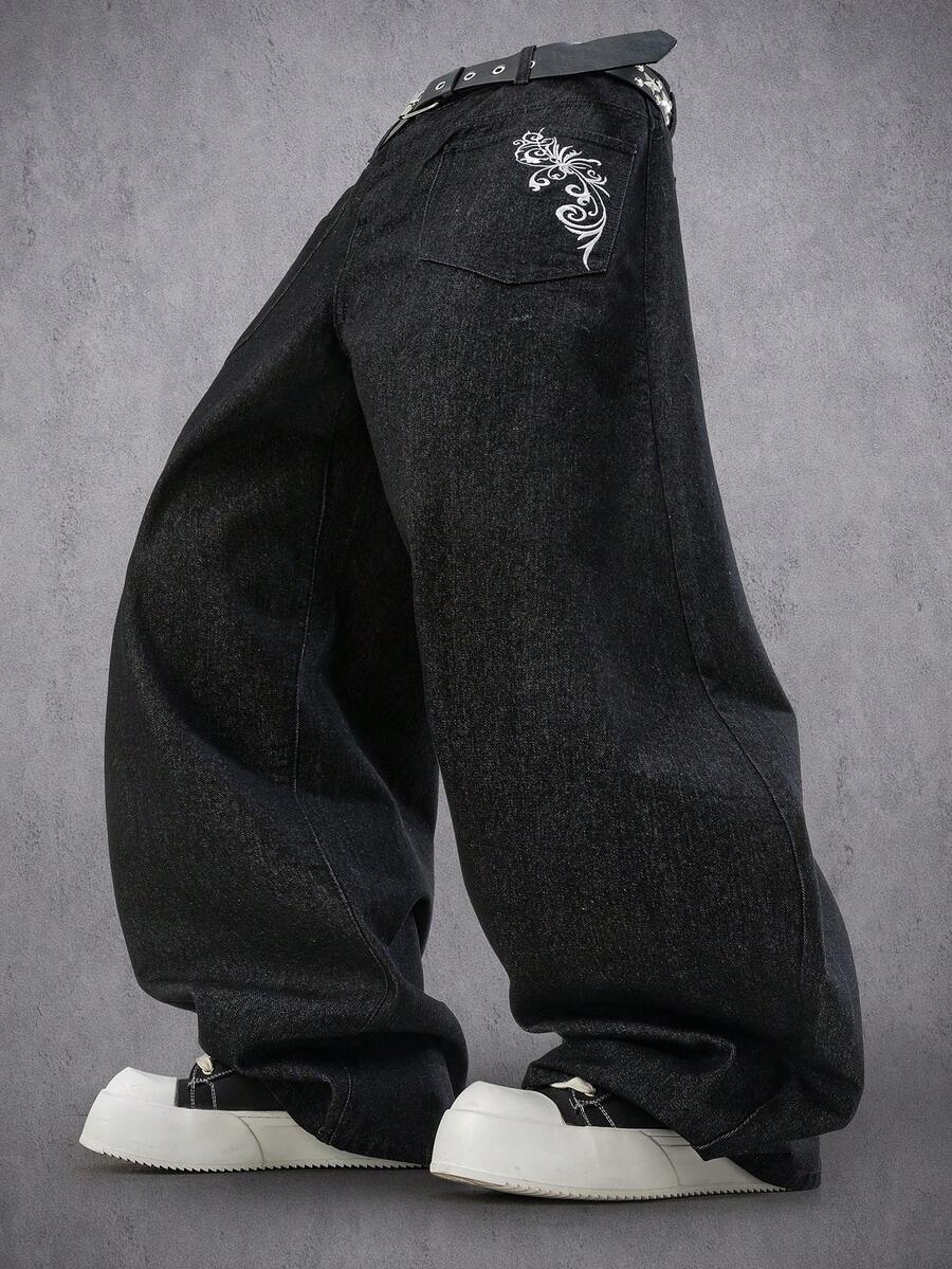 Manfinity Denimwave Men's Floral Embroidery Pattern Casual Versatile Daily Wear Denim Wide Leg Pants - Black - View 1