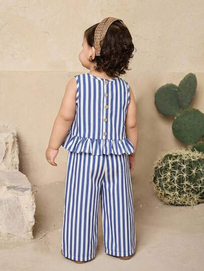 SHEIN Babygirl Vacation Casual Cute Striped Camisole And Elastic Waist Pants Set 2 Pieces Of Baby And Child Striped Round-Neck T-Shirts And Shorts Sets. Baby Two-Piece Set. Girl Two-Piece Set. Two Summer Sets. Baby And Child Summer Sets. Striped Baby Sets Blue And White Striped Fashionable And Simple Back Design Suit