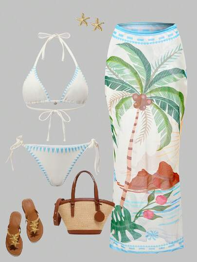 Swim Oasis 3pcs Women's Printed Tie-Front Bikini Set, With Front Metal Decor