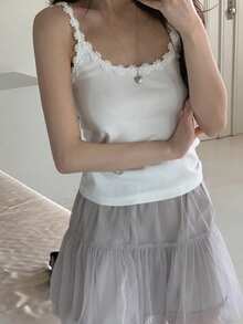 DAZY 夏季女士甜美撞色蕾丝吊带背心 - 白色 - 查看 5