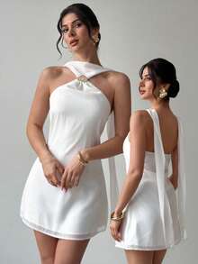 Firerie 优雅精致浪漫性感露背金属装饰吊带连衣裙，夏季服装，沙滩装，度假装，波西米亚热带度假装，演唱会服装，锐舞派对服装，乡村音乐会优雅约会之夜造型，女士夏季连衣裙，下午茶派对连衣裙，白色毕业礼服，音乐节庆祝服装，露背连衣裙 - 白色 - 查看 2