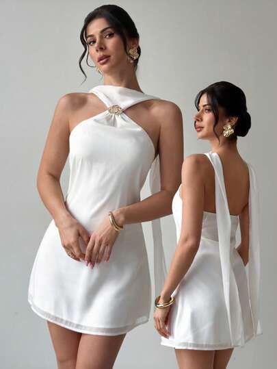 Firerie Elegante y delicado vestido camisero con decoración metálica y espalda descubierta, ropa de verano, ropa de playa, ropa de resort, ropa de resort estilo bohemio y tropical, atuendo para conciertos, fiestas rave, festivales de música country, elegante atuendo para citas, vestido de verano para mujer, vestido para té de la tarde, vestido blanco de graduación, atuendo para celebraciones de festivales de música