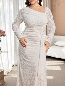 Feyla Plus Size Solid Color Minimalist Long Sleeve Lace Dress, Everyday Wear - Apricot - View 3