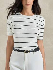 Briarwyn Blusa de punto de manga corta a rayas para mujer, atuendo casual para ir y venir, atuendos de verano, atuendos de verano para mujer, atuendos de San Valentín para mujer, atuendo de playa, blusas para salir - Blanco - Ver 1