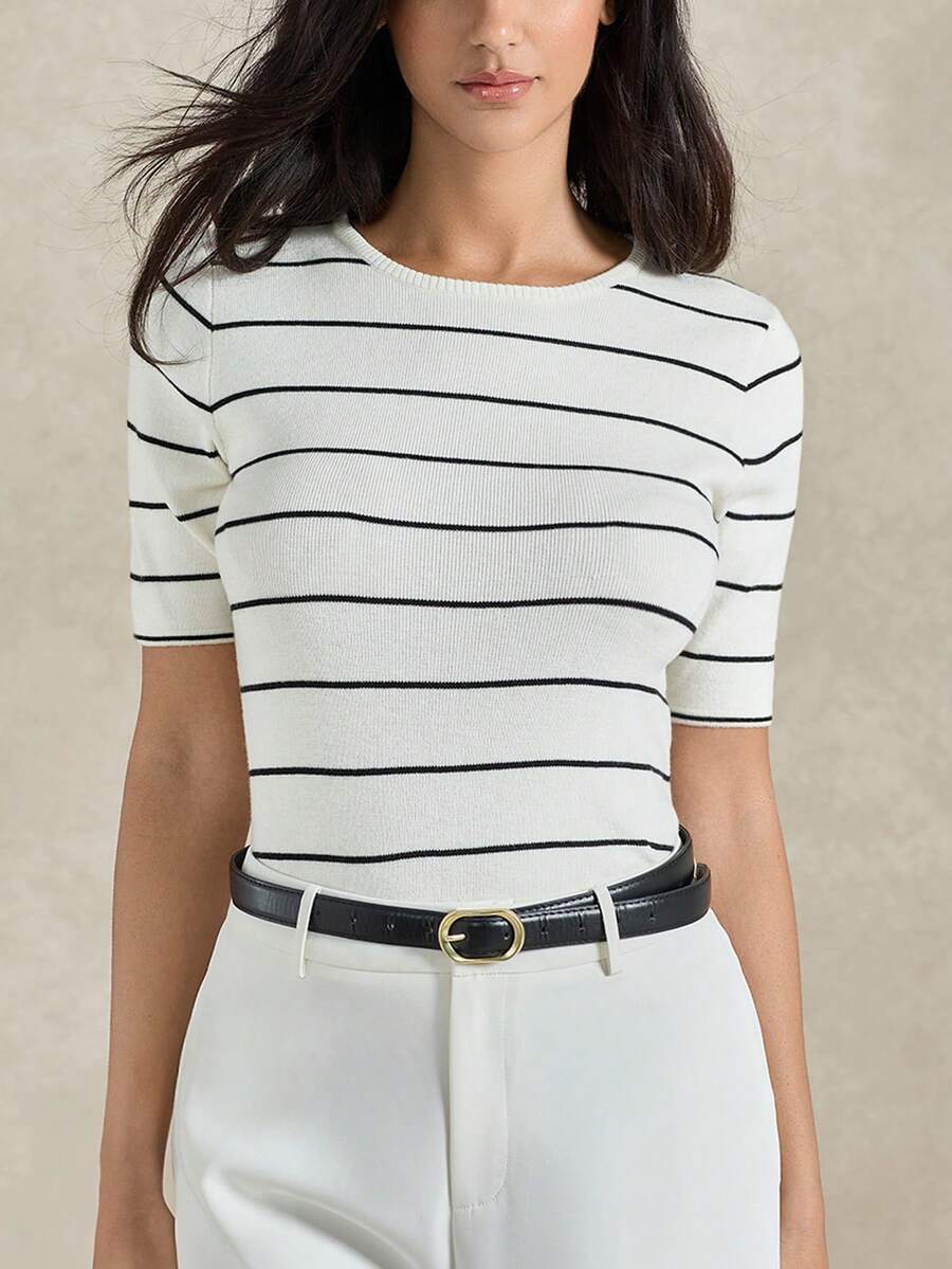 Briarwyn Blusa de punto de manga corta a rayas para mujer, atuendo casual para ir y venir, atuendos de verano, atuendos de verano para mujer, atuendos de San Valentín para mujer, atuendo de playa, blusas para salir - Blanco - Ver 1