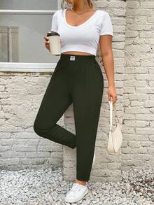 SHEIN PETITE CURVE 大码休闲高腰锥形裤 - 綠色 - 查看 6