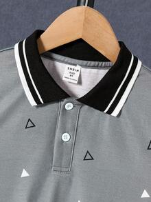SHEIN Tween Boy Geometric Striped Short Sleeve Casual Polo Shirt - Light Grey - View 4