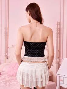 Sexy French Polka Dot Fitted Lace Trim Bustier Camisole Bodysuit - Black - View 2