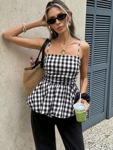 Serisse Gingham Square Neck Peplum Tank Top – Women's Sleeveless Plaid Camisole Summer  Cami  Women's Casual Plaid Camisole Top For Summer,Summer ,Spring,Festival,Party , Birthday,Beach,Vacation,Casual,Wedding,Graduation, Going Out, Elegant, - Apricot - View 7