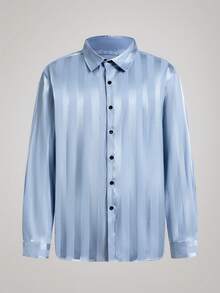 Officeau Men's Striped Print Button-Front Casual Long Sleeve Shirt - Baby Blue - View 4