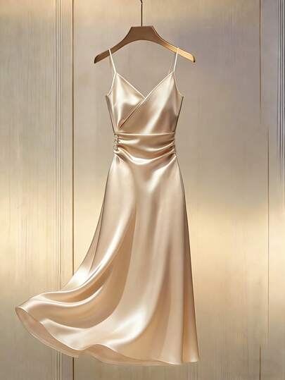 Franclia 女士新款V领裹身褶皱腰身中长连衣裙