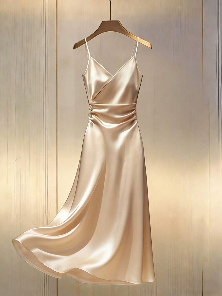 Franclia 女士新款V领裹身褶皱腰身中长连衣裙 - 香檳色 - 查看 1