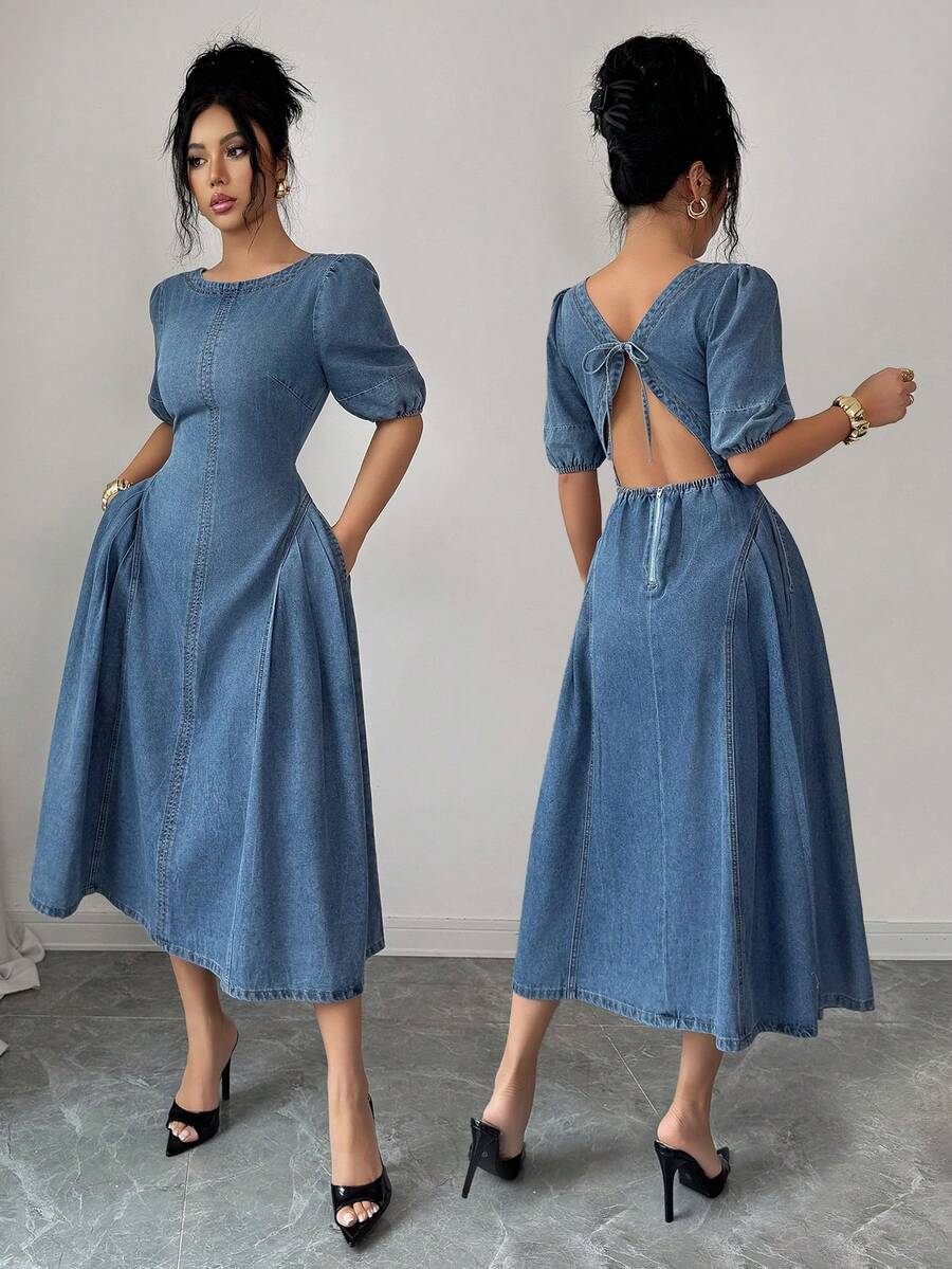 Elenzga Vestido de mezclilla con cintura ceñida para mujer - Azul lavado medio - Ver 1