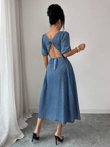 Elenzga Vestido de mezclilla con cintura ceñida para mujer - Azul lavado medio - Ver 2