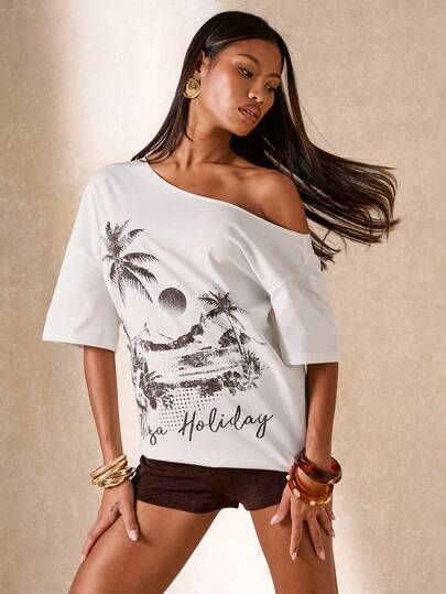 SHEIN BAE Women's Asymmetric Neckline Letter & Floral Print Short Sleeve T-Shirt