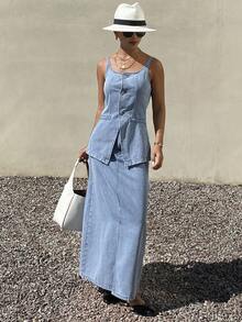 Livesso Spring & Summer Sleeveless Denim Vest Top, Casual Beach Vacation Style, Paired With Straight Cut High Slit Denim Skirt, Elegant Office/Commute 2-Piece Set For Women - Light Wash - View 6