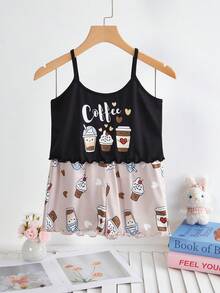 女童时尚可爱咖啡印花短裤和吊带背心两件套休闲家居服套装 - 黑色 - 查看 3