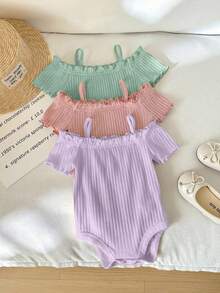 SHEIN LMoss Kids 3件組新生女嬰休閒可愛簡約純色露肩短袖連身衣 - 彩色 - 查看 6