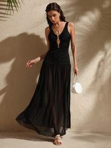 Swim Chiccia Women's Summer Beach Sleeveless Metal Beaded Asymmetrical Plunging Neck Splice Ruched Mesh Hem Elegant Sexy Vacation Coverup Dress - Black - View 4