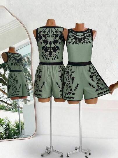 SHEIN Clasi Damen elegantes Blumenprint-Top ohne Ärmel mit Kontrastfarbe und Blumenprint-Gummibund A-Linie Shorts 2-teiliges Urlaubsoutfit, Sommer