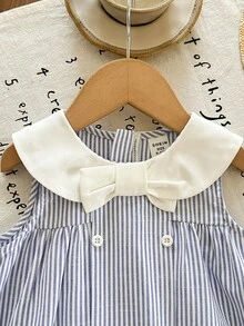 SHEIN 女婴可爱条纹彼得潘领蝴蝶结连衣裙，学院风 - 藍色 - 查看 3