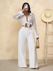 BamGleam Women's Fashionable Sexy Hollow Button Shirt, White Crochet Lace Blouse, Beach, Summer Vacations, Spring Breaks, Wedding Guest, Birthday, Elegant Party Blouse, Carnival Women Look 2026Summer - White - View 9