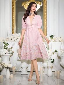 Modelyn Elegant Pink Floral Summer Dress For Women,V-Neck Wedding Ninang Dresses,Graduation Holiday Outfits Wedding Guest Dresses - Pink - View 4