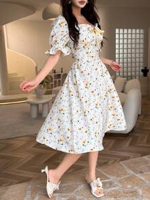 Feyla 女士优雅小碎花荷叶边花瓣袖连衣裙，夏季 - 彩色 - 查看 5