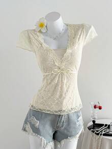 Elamini Elegant Sexy Delicate Sheer Lace Deep V-Neck 2 In 1 Fitted Bow Tie Decor Y2K Crop Top - Beige - View 1
