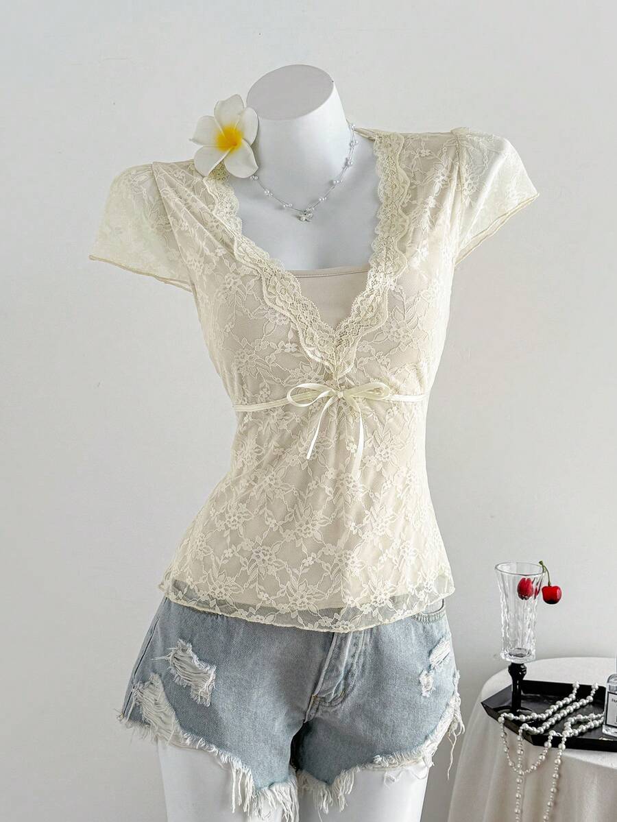 Elamini Elegant Sexy Delicate Sheer Lace Deep V-Neck 2 In 1 Fitted Bow Tie Decor Y2K Crop Top - Beige - View 1