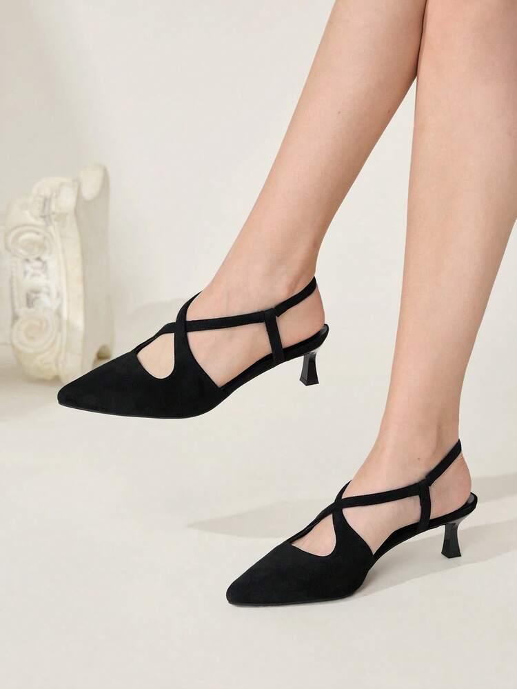 CUCCOO CHICEST Women's Spring/Summer New Strappy Hollow-Out Pointed Toe Kitten Heel Shoes, Elegant Sexy Fashion Minimalist Line Design, Black Fabric, Peep Toe High Heels, Suitable For Dates, Afternoon Tea, Work, Formal Occasions, Parties, Banquets