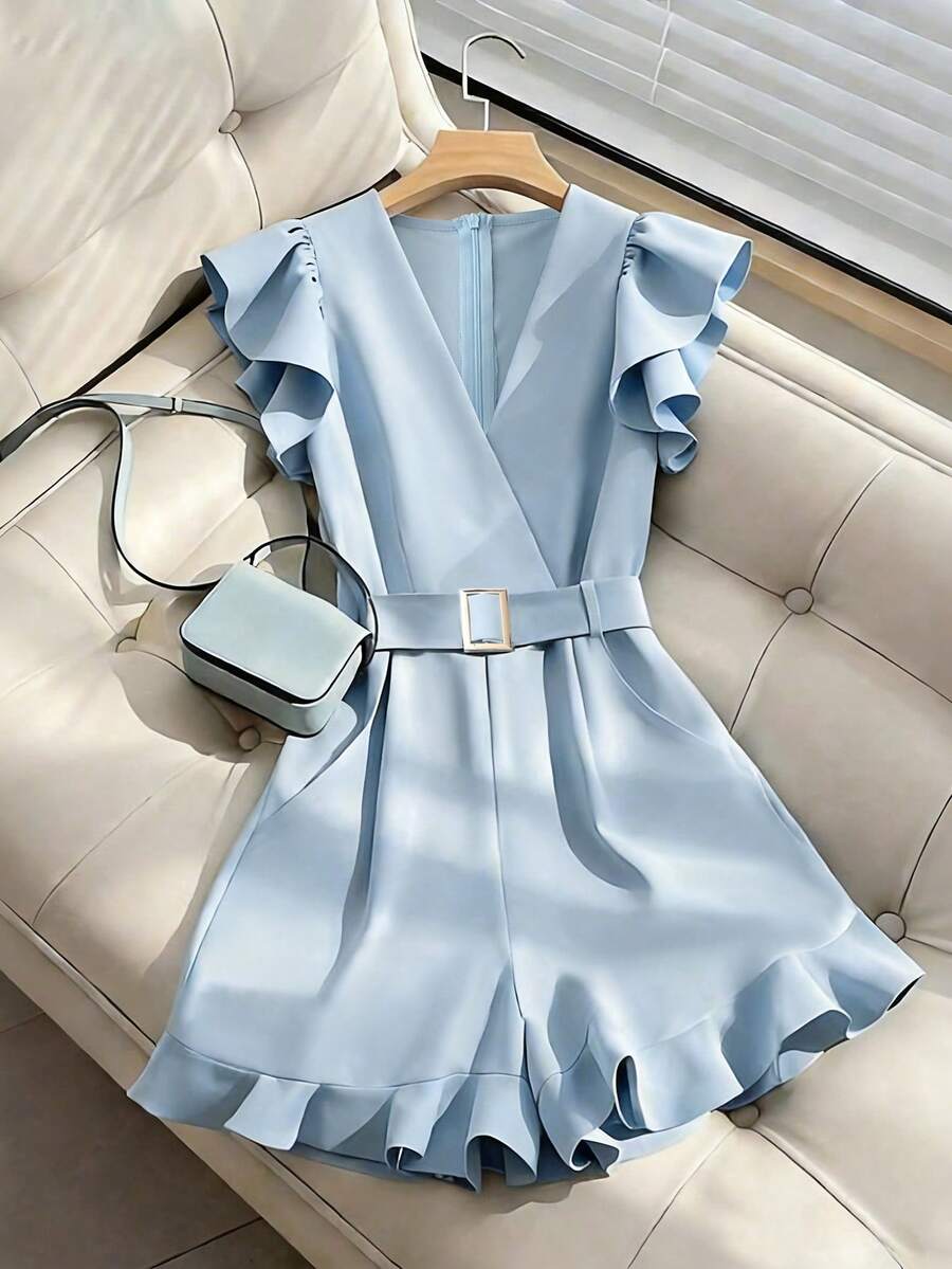 GlowEve 女士时尚荷叶边腰部连体裤，休闲阔腿连身裤，适合日常穿着、通勤和休闲活动 - 藍色 - 查看 1