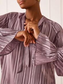 Lilora Women's Tie Collar Pleated Casual Versatile Daily Wear Long Sleeve Shirt - Dusty Pink - View 1