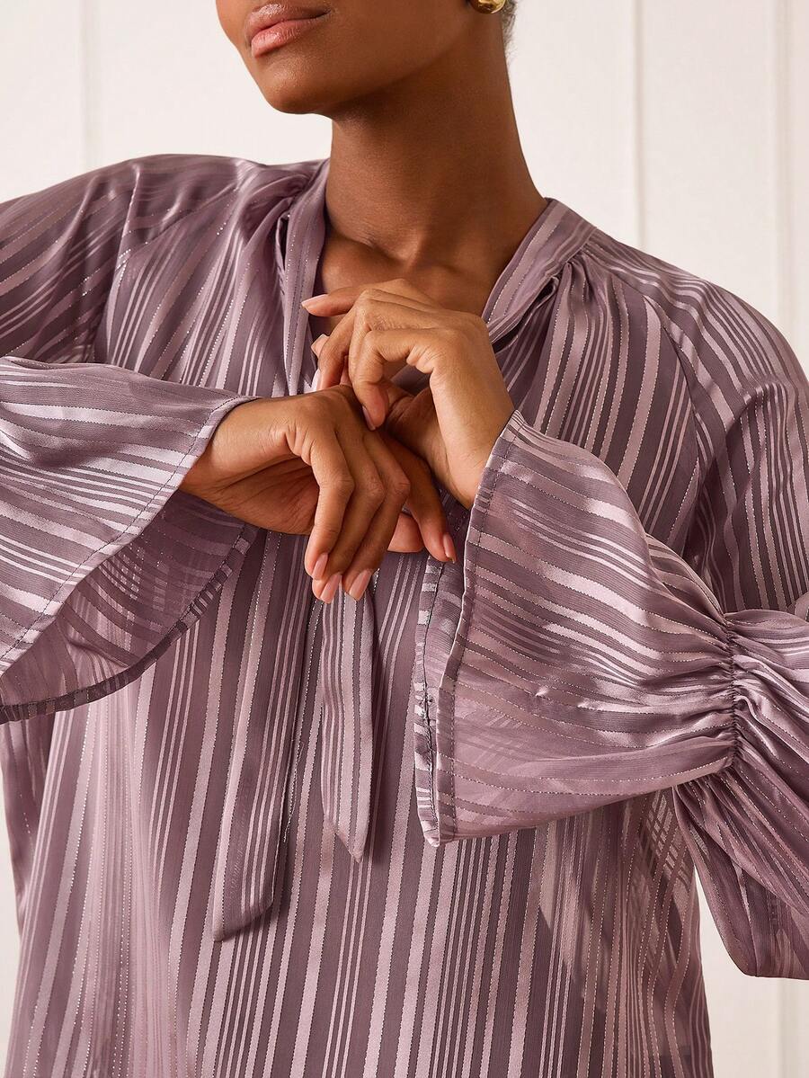 Lilora Women's Tie Collar Pleated Casual Versatile Daily Wear Long Sleeve Shirt - Dusty Pink - View 1