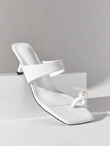 SHUZIA Women's Elegant Pearl Ornament Decor Toe Ring Slip-On Stiletto Sandals - White - View 7