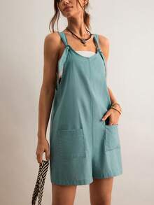 女士纯色口袋休闲连体裤，适合度假和日常穿着 - 綠色 - 查看 9