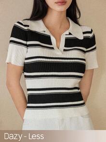 Dazy-Less Women's Striped Black & White Contrast Color Polo Collar Fitted Short Sleeve Sweater, Lightweight For Spring And Summer - Black and White - View 1