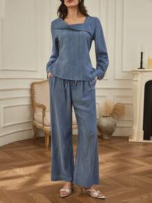 Dazy-Less 女士春秋季休闲度假风露肩长袖上衣搭配抽绳阔腿裤两件套，商务休闲女装 - 藍色 - 查看 5