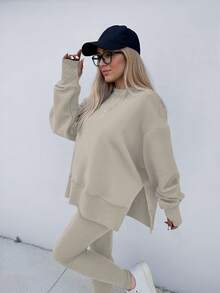 INAWLY Bộ đồ nữ thường ngày gồm áo nỉ và quần dài dáng rộng, màu trơn. - Màu be - Xem 5