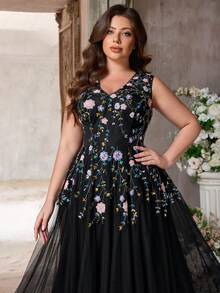 Aureia Đầm cỡ lớn thanh lịch, lãng mạn, sang trọng màu đen đính cườm, thêu ren, phối lưới, cổ tròn, tay phồng xuyên thấu, thiết kế hoa văn thủ công tinh tế, chân váy rộng, thích hợp cho tiệc tối, tiệc độc thân, hẹn hò, dạ hội, lễ tốt nghiệp, đám cưới, trang phục trang trọng (Thêu cầu kỳ) - màu đen - Xem 2